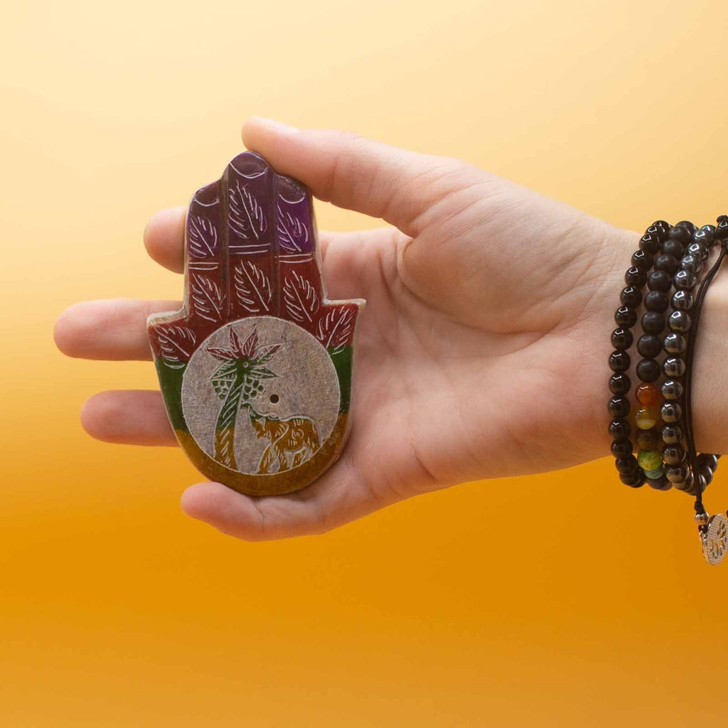 Porte-encens Hamsa en stéatite 9 x 6 cm – Éléphant et Palme