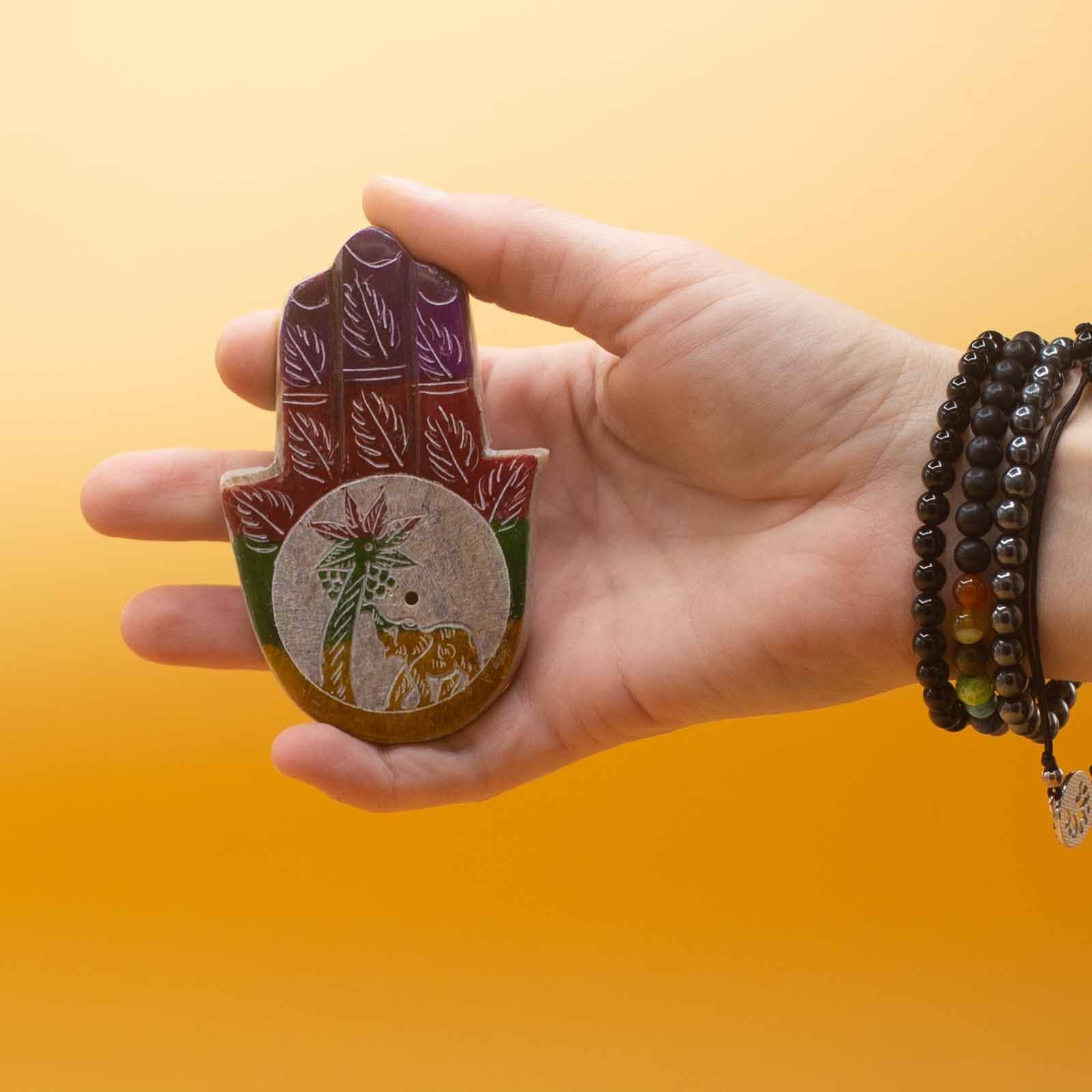 Porte-encens Hamsa en stéatite 9 x 6 cm – Éléphant et Palme