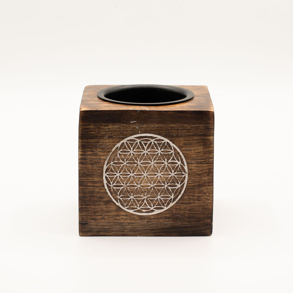 Brûleur à huile en bois de manguier carré - Fleur de Vie